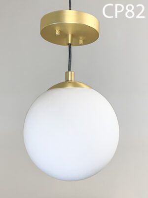 CP82-Qty-3. Brass base and canopy with 8"D white glass ball, and adjustable black cord.