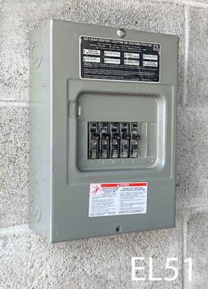 EL51-Qty-1. Grey breaker box with 5 breakers. 13"H x 9"W