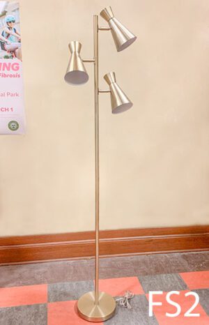 FS2-Qty-1. Floor lamp with brass stand,  3 adjustable brass shades and cord. Medium base bulbs