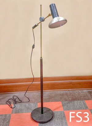 FS3-Qty-1. Floor lamp with black base, and brass stem with adjustable lamp, switch and cord. Medium base bulb