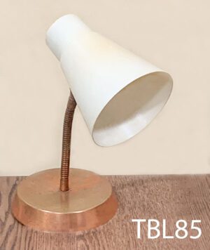 TBL85-Qty-1. Vintage table lamp with copper base, adjustable goose neck, white shade and cord. Medium base bulb.