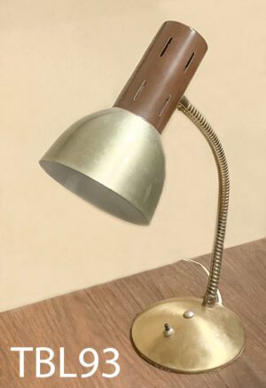 TBL93-Qty-1. Gold and brown vintage desk lamp with adjustable goose neck, switch and cord. Medium base bulb