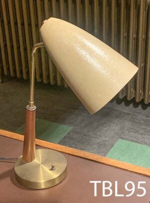 TBL95-Qty-1. Brass and wood base with beige reflector. Medium base bulb