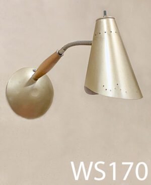 WS170-Qty-1. Gold wall sconce with flexible gooseneck and wood stem.