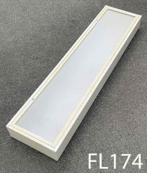 FL174-Qty-11. White with beige ageing 1' x 4' aged surface fluorescent with lens, and 2 rows of 24 volt tungsten Leds