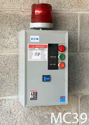 MC39-Qty-1. Grey box with 120 volt red flashing light on top, 12 volt red light, cord. 18"H x 8"W