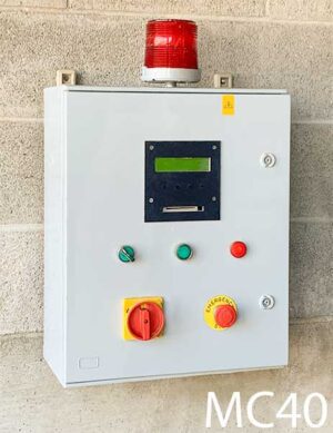 MC40-Qty-1. Grey box with 120 volt red flashing light on top and cord. Red and green 12 volt light. 24"H x 16"W