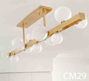 CM29-Qty-1. Brass base ceiling mount with frosted glass balls, 45" long. 12" total drop in picture, can also be 23", Or 30".