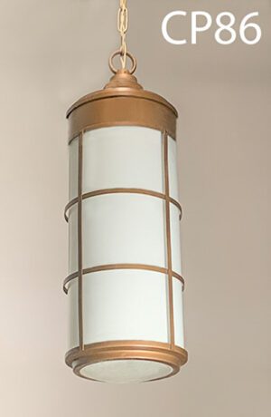 CP86-Qty-9. Bronze metal pendant with milk glass, chain, and canopy. 24" x 9" and with chain and matching canopy 5' total