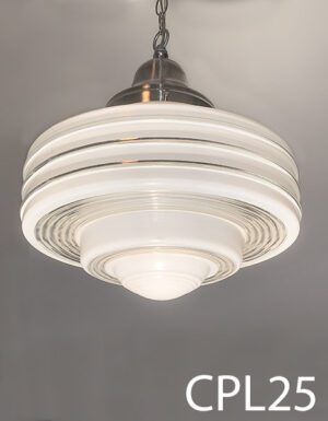 CPL25-Qty-1. Art Deco white and clear glass globe with CPL54-Qty-3. silver base, chain, and canopy with cord. Base can be used with all CPL globes