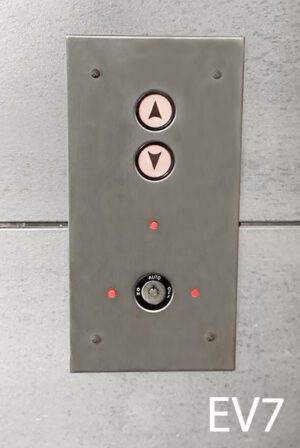EV7-Qty-1. Stainless elevator panel with white 24 volt up/down arrows, key lock, and 3 red 12 volt leds. 12" x 6"