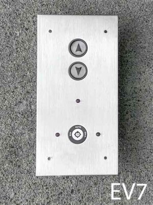 EV7-Qty-1. Stainless elevator with white 24 volt up/down arrows, key lock, and 3 red 12 volt leds. 12" x 6"