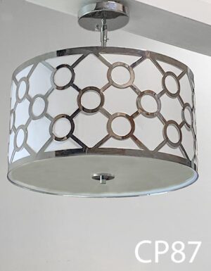 CP87-Qty-1. Chrome and fabric pendant with diffused glass bottom. 16.5"D
