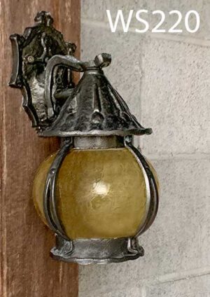 WS220-Qty-2. Black iron base with amber crackled glass. Medium base socket
