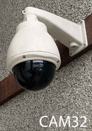 CAM32-Qty-1 Off white security camera black bubble, and base arm. 14"H x 13" out