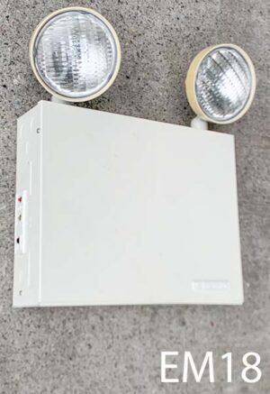 EM18-Qty-1. Off white emergency pack with two 12 volt 5"D lights. 13.25" x 10.5"