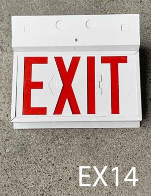 EX14-Qty-1. White metal exit with red letters, Leds and mounting top piece which can store batteries for remote power.