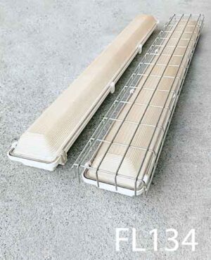 FL134-Qty-2. White weather prooof fluorescent with aged lens and 24 volt hybrid Leds. Cage available as shown