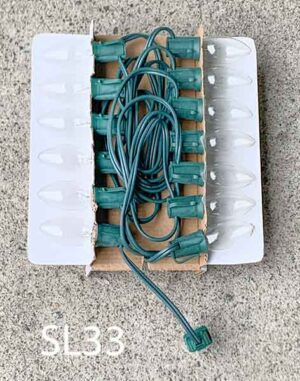 SL33-Qty-3. Green 25' string lights with C9 socket every 12". One string has clear bulbs as in pic.