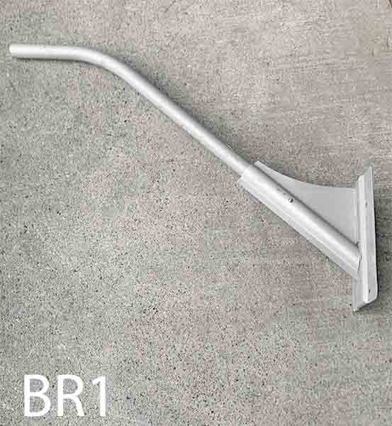 BR1-Qty-4. Grey metal bracket for lights. 40-46' adjustable length. Fits PL41-PL42-PL43-PL44 and cobra heads onto end. Wire goes through pipe.