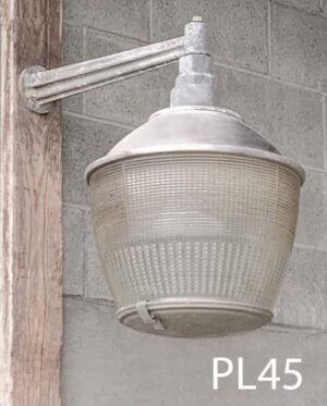 PL45-Qty-8. Aluminum and glass light c/w 20' cord and mogul socket. 16"D and 28" out total. bottom can be removed to light straight down.