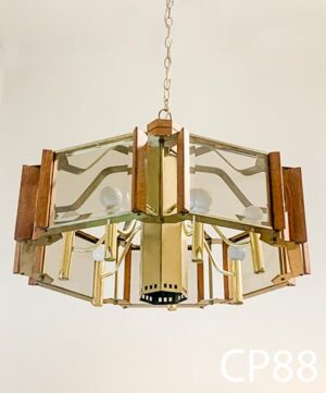 CP88-Qty-1. Brass, wood and glass chandelier with 6 candelabra sockets, chain and cord. 30"D
