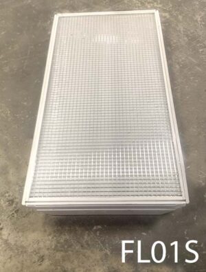 FL01S-Qty-15. White T-bar 2' x 4' fluorescent with for 4 fluorescent tubes with silver 1/2" parabolic louvre, and cord.