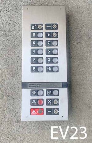 EV23-Qty-1. Stainless 9 floor elevator panel with hinged front. 12-24 volt lights. 24.75″ x 9.5″