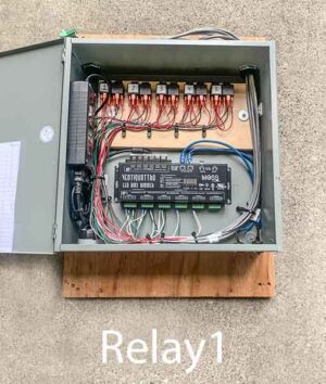 Relay1-Qty-2. Grey metal box with 5- 12 Volt relays. Wired for elevator push button pane to light number and also dim the number. Relay2-Qty-2. same box with 24 volt relays.