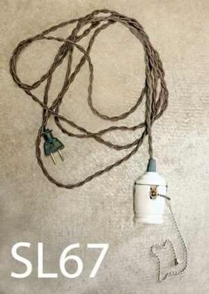 SL67-Qty-1. Vintage ceramic pull-chain socket on brown woven cord with cord end.