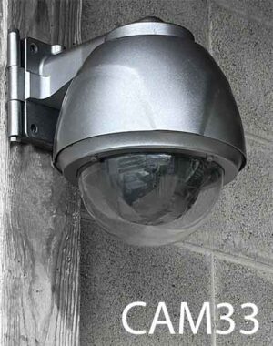 CAM33-Qty-1. Grey security camera with bubble front on hinged back. 9"D x 12" H