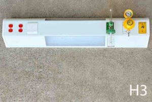H3-Qty-7. White 4' hospital bedhead unit with 2 red plugs, up and down Led hybrid lights, 3 medical outlets, c/w cords.