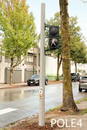 POLE4-Qty-1. Grey 13' pole with pedestrian cross in white and red with base. Uses regular light bulbs.