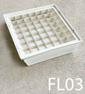 FL03-Qty-8. White metal 2' x 2' T-bar fluorescent light with hinged front beige louvers.. For leds only.