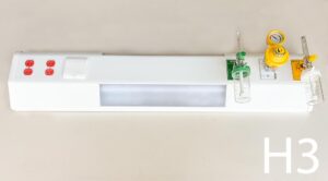 H3-Qty-7. White 4' hospital bedhead unit with 2 red plugs, up and down 24 volt Led hybrid lights, option of 3 medical outlets, c/w cords. Power supply and decoder available
